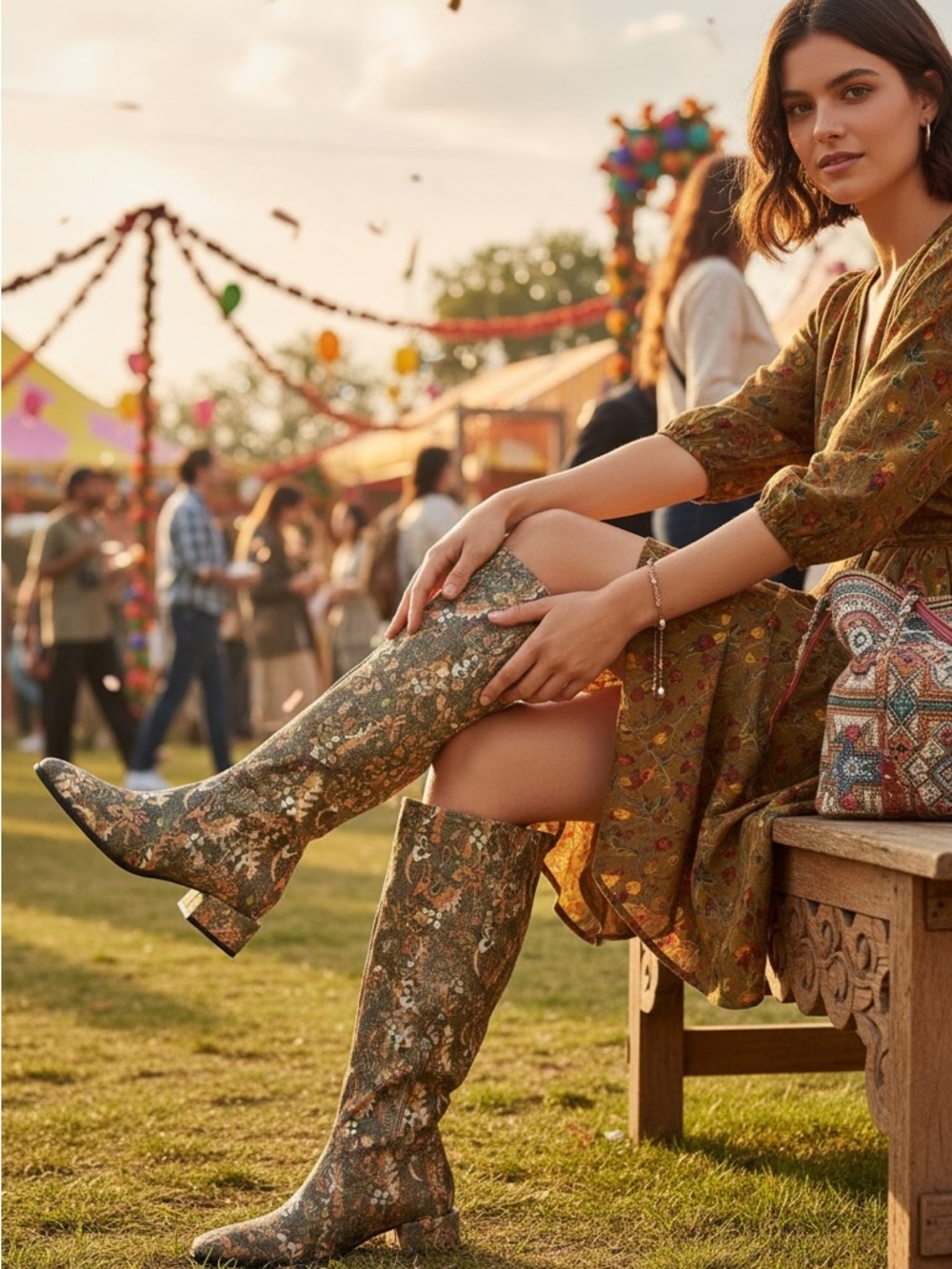 Zayla Shimmer Gold Olive Purple Hippie Floral Print Tapestry Boots NEW Festival